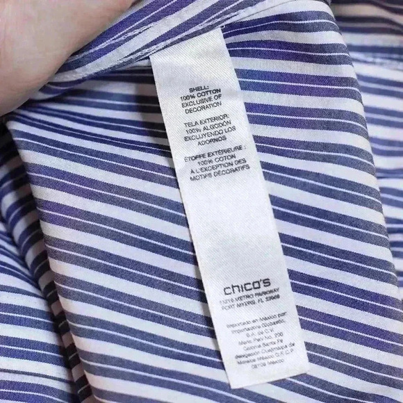 Women's Chico's Size 3.5 No Iron Sleeveless collared tie front blue/white stripe - Picture 10 of 12